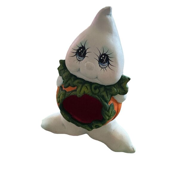 Ceramic Ghostly Pumpkins Hand Painted Halloween Figurine Shelf Sitters Set Of 2 - Picture 3 of 11
